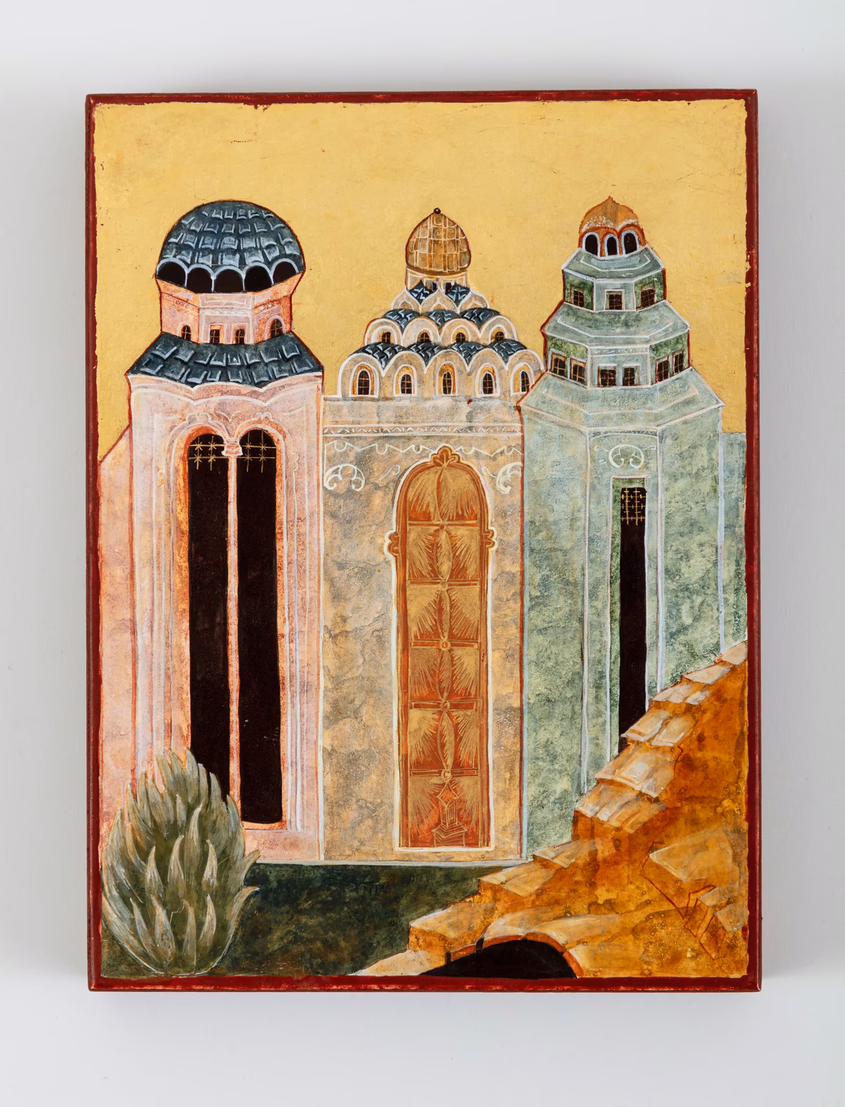 Painting of buildings in heavenly Jerusalem in icon painting style